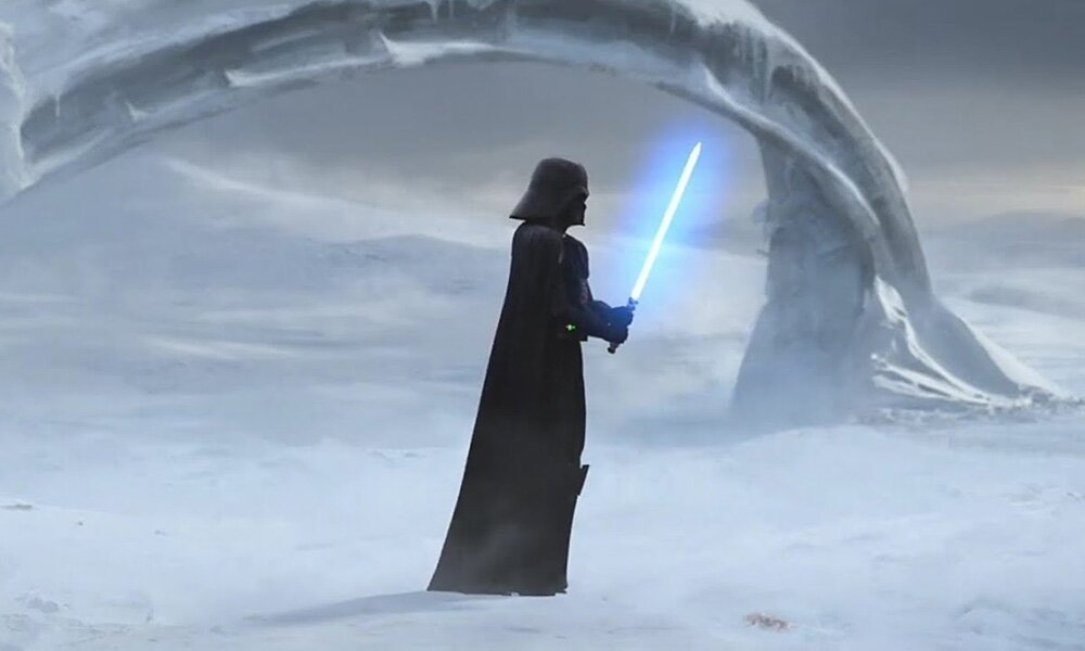 Darth Vader holding a blue lightsaber